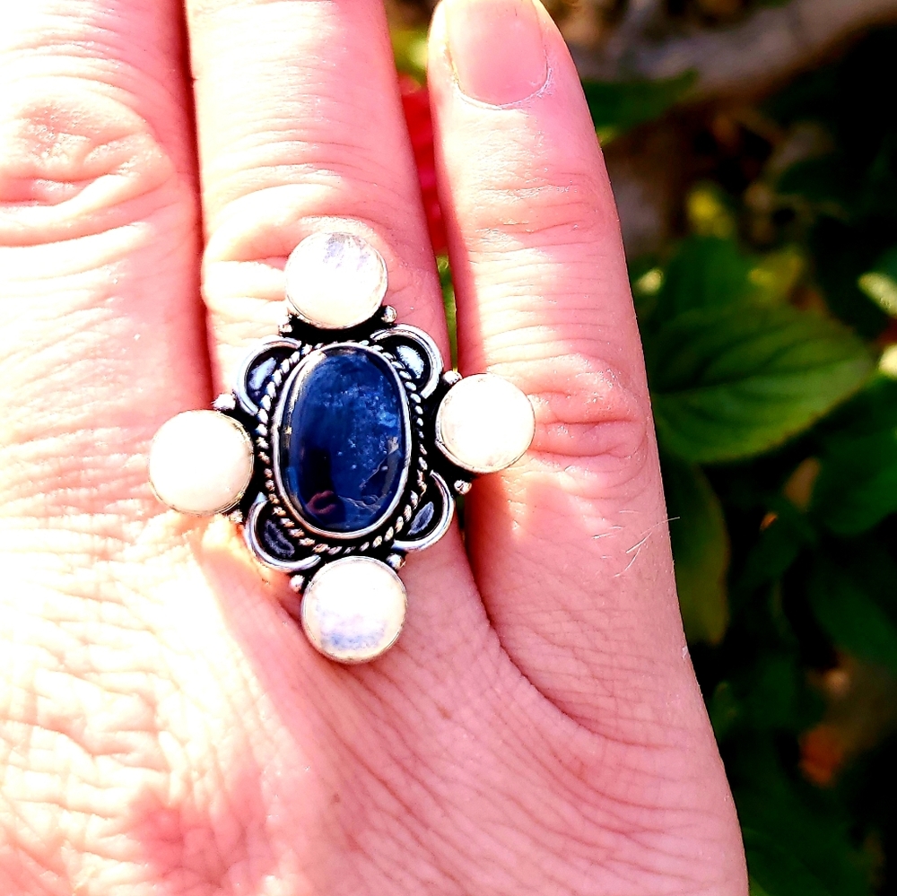 New Kyanite & Rainbow Moonstone Silver Ring.